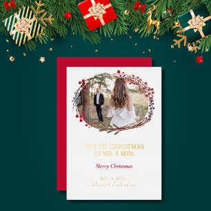 Carte De Vœux En Aluminium Élégant 1er Noël Marié Photo White