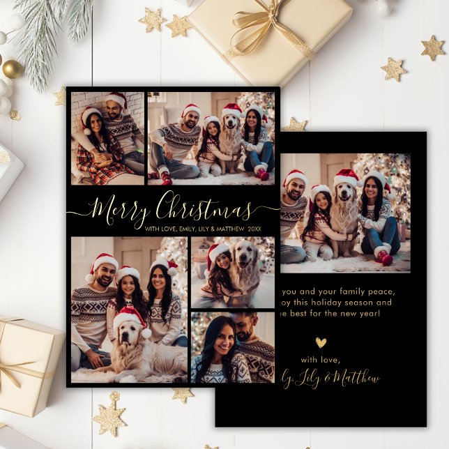 Carte De Vœux En Aluminium Elégant Black Gold 5 Photo Collage Noël (Créateur téléchargé)