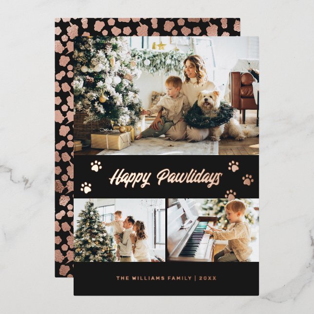 Carte De Vœux En Aluminium Elégant Black Photo Happy Pawlidays Rose Gold (Recto/Verso)