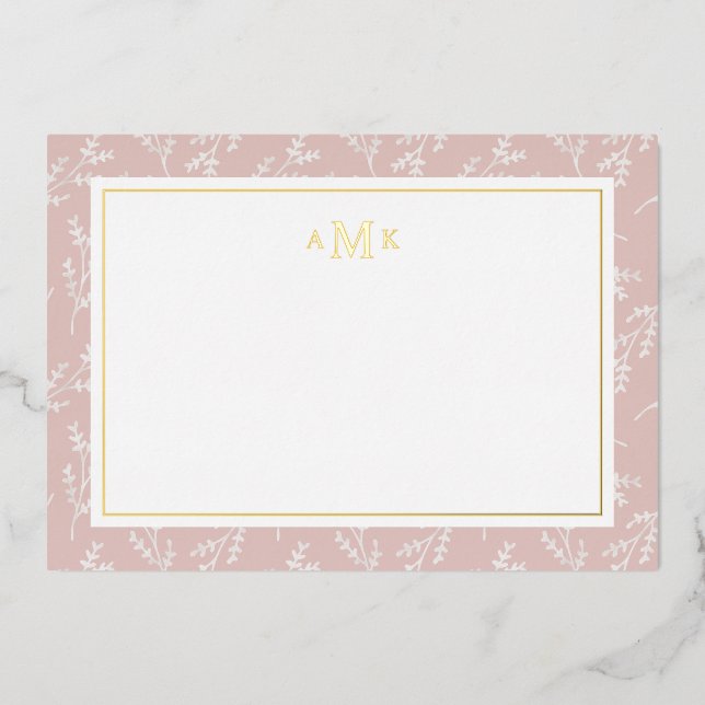 Carte De Vœux En Aluminium Élégant Blush Botanical Monogramme Foil Note Card (Recto)