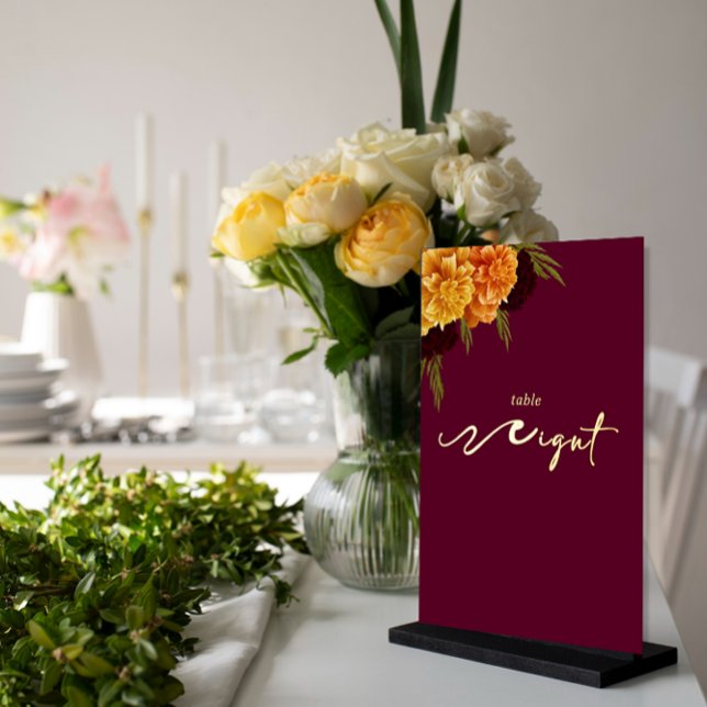 Carte De Vœux En Aluminium Elegant Burgundy Red  "MARIGOLD" Table Number (Créateur téléchargé)
