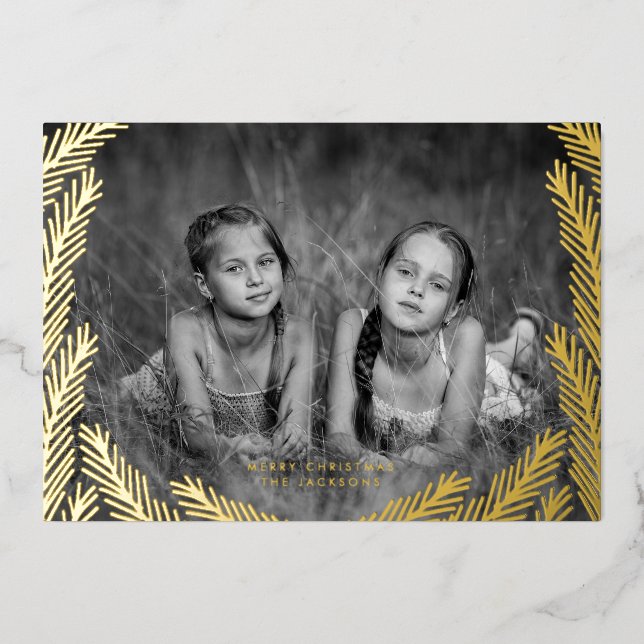Carte De Vœux En Aluminium Elégant cadre feuille de pin d'or Joyeux Noël Phot (Recto)