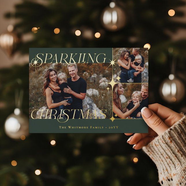 Carte De Vœux En Aluminium Elegant Christmas Sparkle Photo Collage Christmas (Elegant Christmas Sparkle Photo Collage Christmas Foil Holiday Card)