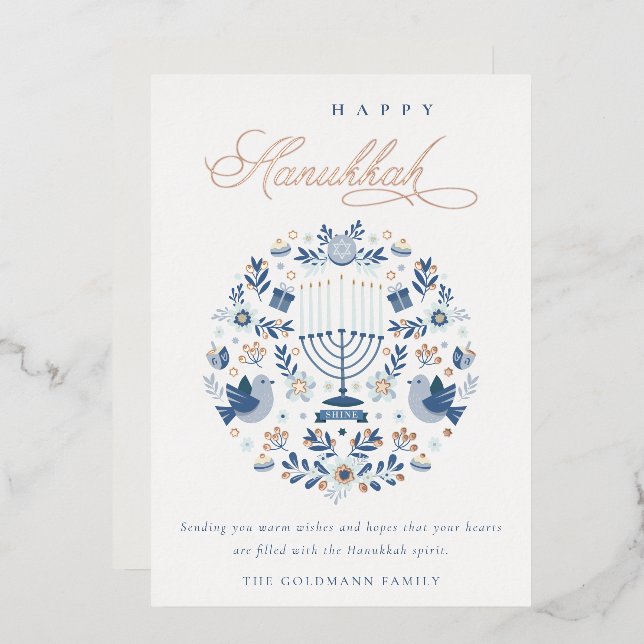 Carte De Vœux En Aluminium Elégant Classy Navy Blue Happy Hanoukka Floral (Recto/Verso)
