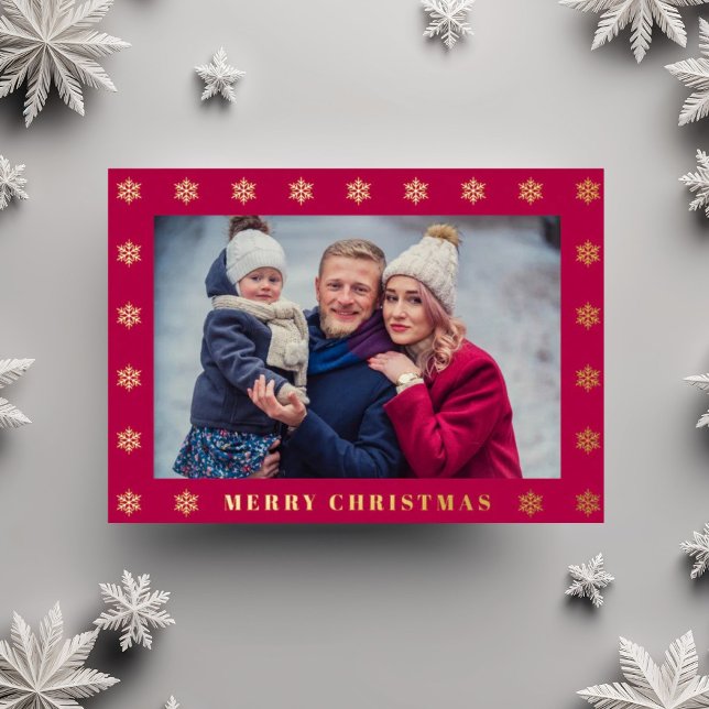 Carte De Vœux En Aluminium Élégant Flocon de neige Photo Noël (Elegant Snowflake Photo Christmas Foil Holiday Card)