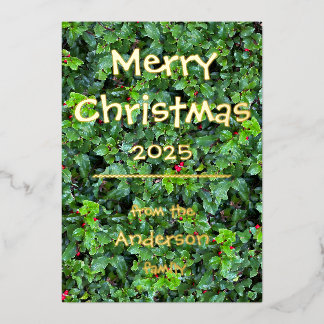 Carte De Vœux En Aluminium Elegant Foil Holly Berry Greenery Personalize Card