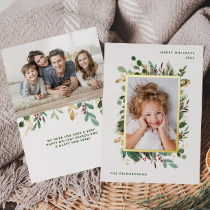 Carte De Vœux En Aluminium Elegant Gold Greenery   White with Two Photos