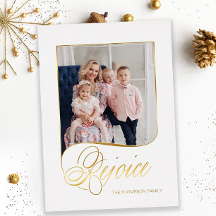 Carte De Vœux En Aluminium Élégant Gold Rejoice Calligraphie Script Photo