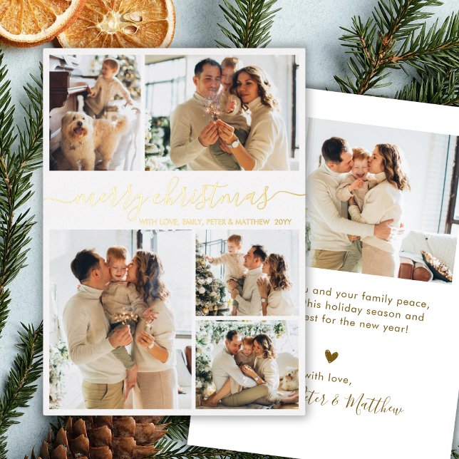 Carte De Vœux En Aluminium Elegant Gold Script 6 Photo Collage Christmas Real (Créateur téléchargé)