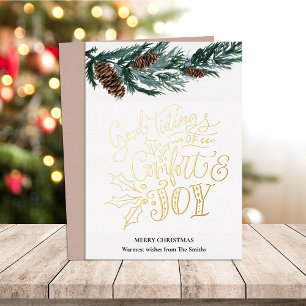 Carte De Vœux En Aluminium Élégant Gold Script Bon Tidings Confort Joy Fo