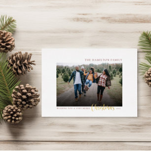 Carte De Vœux En Aluminium Élégant Gold Script Famille de Noël Photo