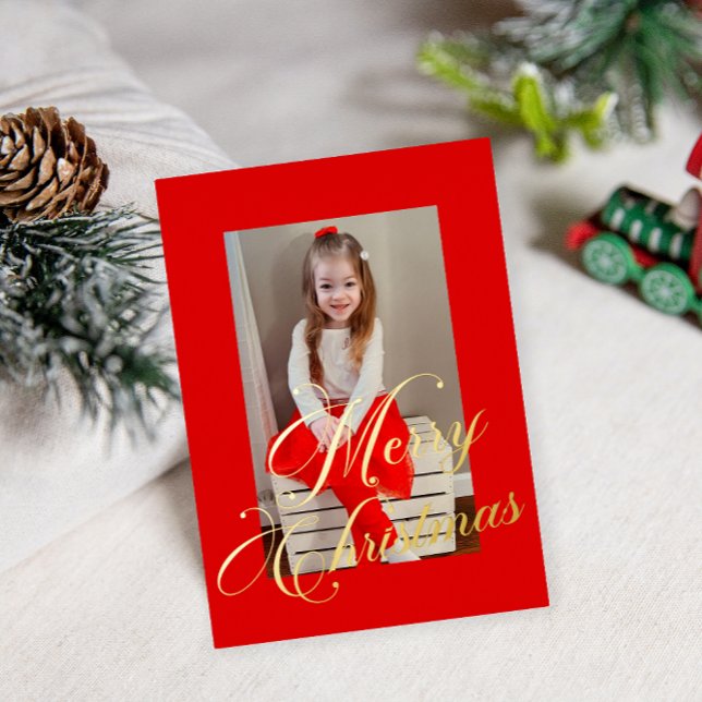 Carte De Vœux En Aluminium Elégant Gold Script Red Frame Photo (Créateur téléchargé)