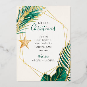 Carte De Vœux En Aluminium Elégant Green et Gold Beach Tropical Christmas