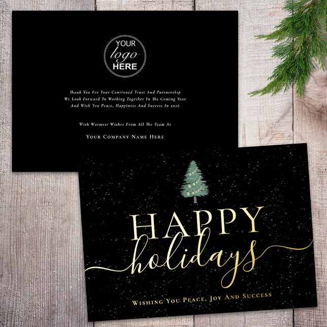 Carte De Vœux En Aluminium Elegant Happy Holidays Company  Logo Black & Gold (Simple Christmas tree and lights happy holidays company logo black & gold foil business holiday card)