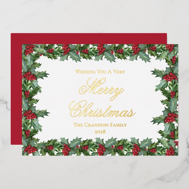 Carte De Vœux En Aluminium Elegant Holly et Berries cadre Noël (Recto/Verso)