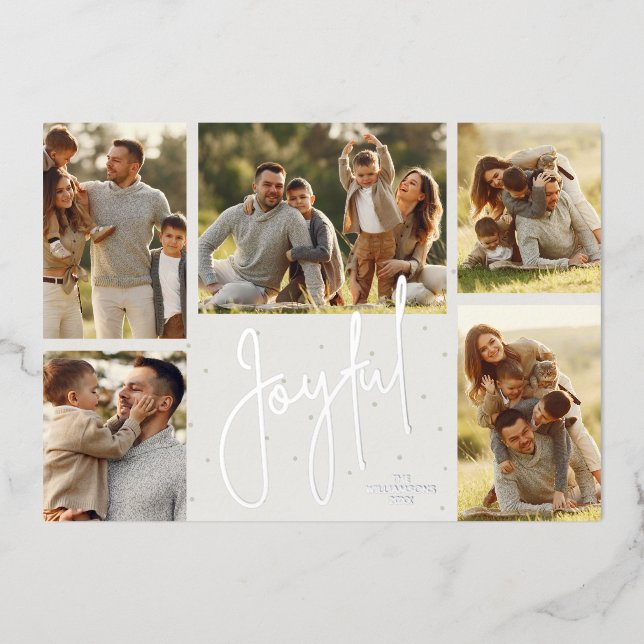 Carte De Vœux En Aluminium Elégant Joyeux Argent Multi Photo (Recto)