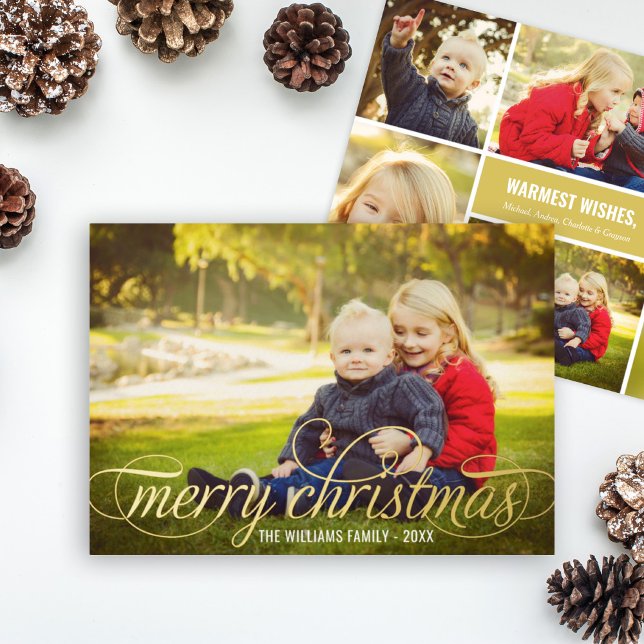 Carte De Vœux En Aluminium Élégant Joyeux Noël Gold Script Photo Collage (Créateur téléchargé)