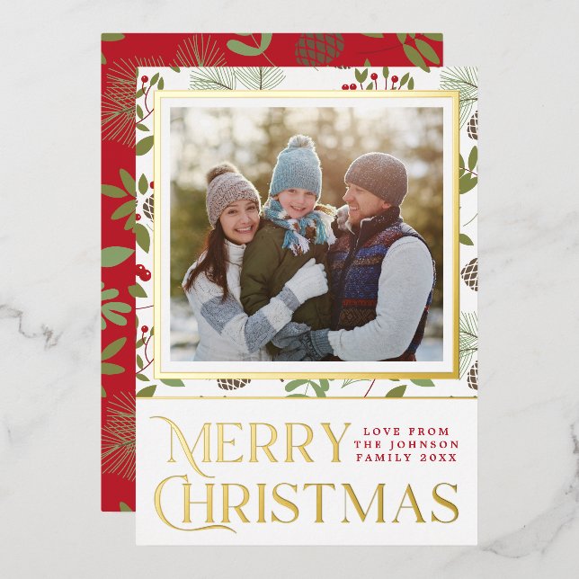 Carte De Vœux En Aluminium Élégant Joyeux Noël Holly Pinecones Photo Gold (Recto/Verso)