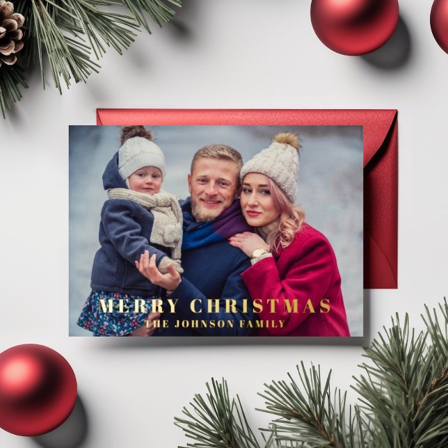 Carte De Vœux En Aluminium Elégant Joyeux Noël Photo Gold (Elegant Merry Christmas Photo Gold Foil Holiday Card)