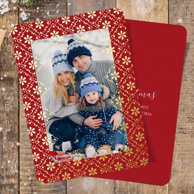 Carte De Vœux En Aluminium Élégant Joyeux Noël Une photo Flocon de neige (Merry Christmas holiday photo card template with real gold foil.)