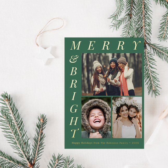 Carte De Vœux En Aluminium Élégant Joyeux Vert Et Noël Lumineux (Créateur téléchargé)