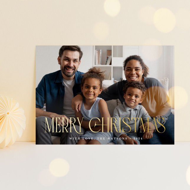Carte De Vœux En Aluminium Elégant Luxe Luxe Joyeux Noël Police Overlay (elegant, luxe, "Merry Christmas" font overlayed on top of photo card.)