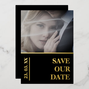 Carte De Vœux En Aluminium Élégant Mariage Photo Or Noir Enregistrer La Date