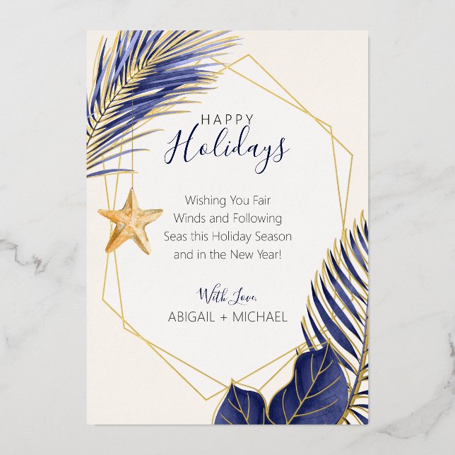 Carte De Vœux En Aluminium Elégant Marine Blue & Gold Beach Tropical Christma (Recto)
