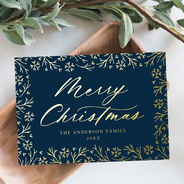 Carte De Vœux En Aluminium Elégant Marine et Gold Snowflake non photo (Créateur téléchargé)