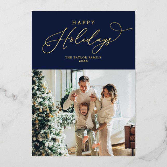 Carte De Vœux En Aluminium Elégant Marine Gold Foil Joyeux Noël (Recto)