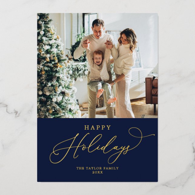 Carte De Vœux En Aluminium Elégant Marine Gold Foil Joyeux Noël (Recto)