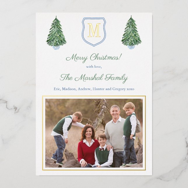 Carte De Vœux En Aluminium Élégant Monogramme Bleu Et Vert Joyeux Noël (Recto)