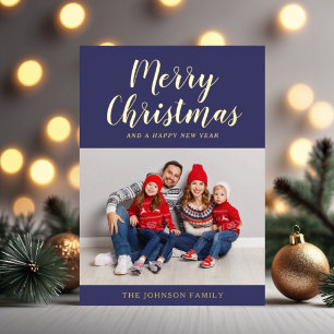 Carte De Vœux En Aluminium Elegant Navy Blue Gold Script Christmas Photo