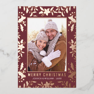 Carte De Vœux En Aluminium Élégant Noël Foliage 2 Photo Rose Gold