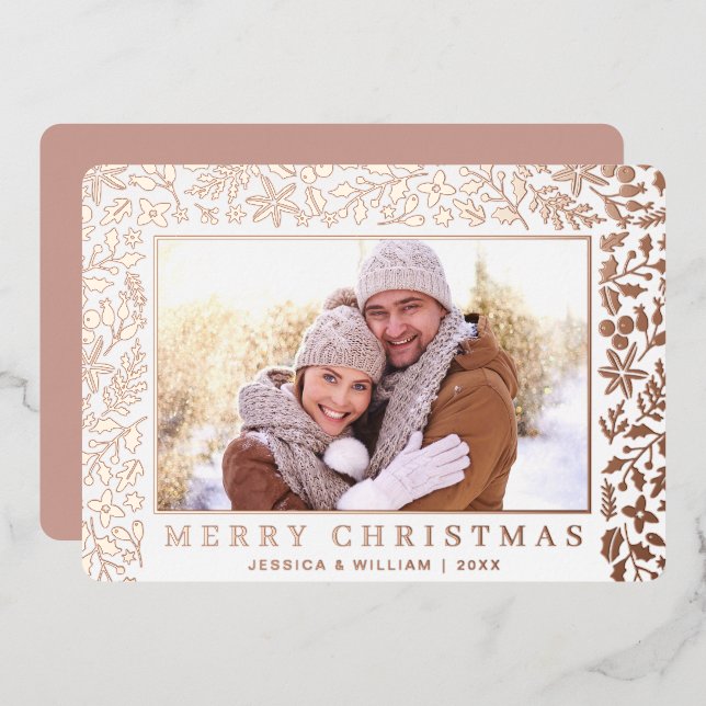 Carte De Vœux En Aluminium Élégant Noël Foliage 2 Photo Rose Gold (Recto/Verso)