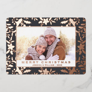 Carte De Vœux En Aluminium Élégant Noël Foliage 2 Photo Rose Gold