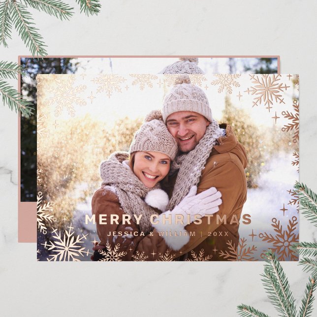 Carte De Vœux En Aluminium Élégant Noël Foliage 2 Photo Rose Gold (Créateur téléchargé)