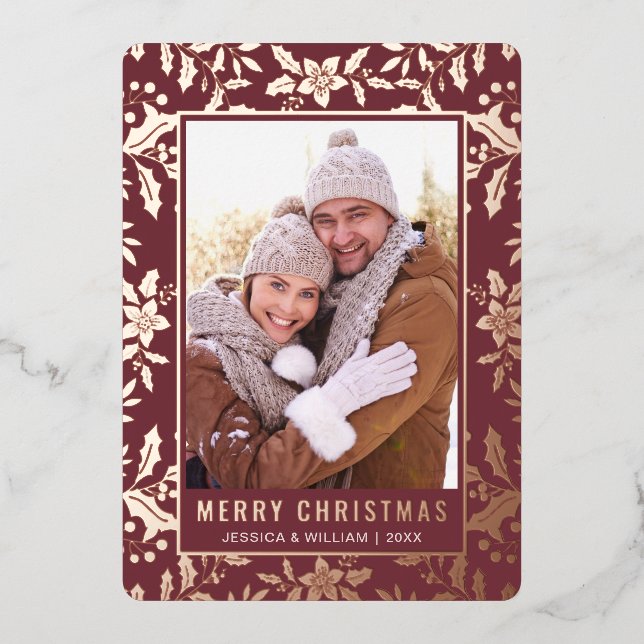 Carte De Vœux En Aluminium Élégant Noël Foliage 2 Photo Rose Gold (Devant)