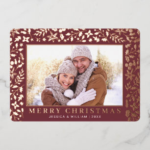 Carte De Vœux En Aluminium Élégant Noël Foliage 2 Photo Rose Gold