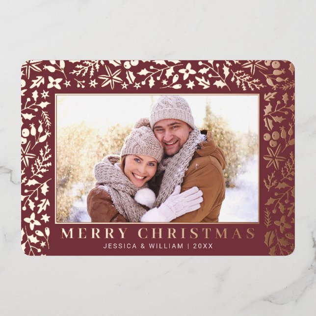 Carte De Vœux En Aluminium Élégant Noël Foliage 2 Photo Rose Gold (Recto)