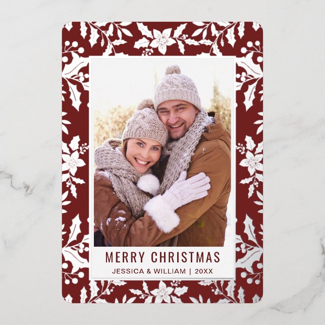 Carte De Vœux En Aluminium Élégant Noël Foliage Photo Argent (Recto)