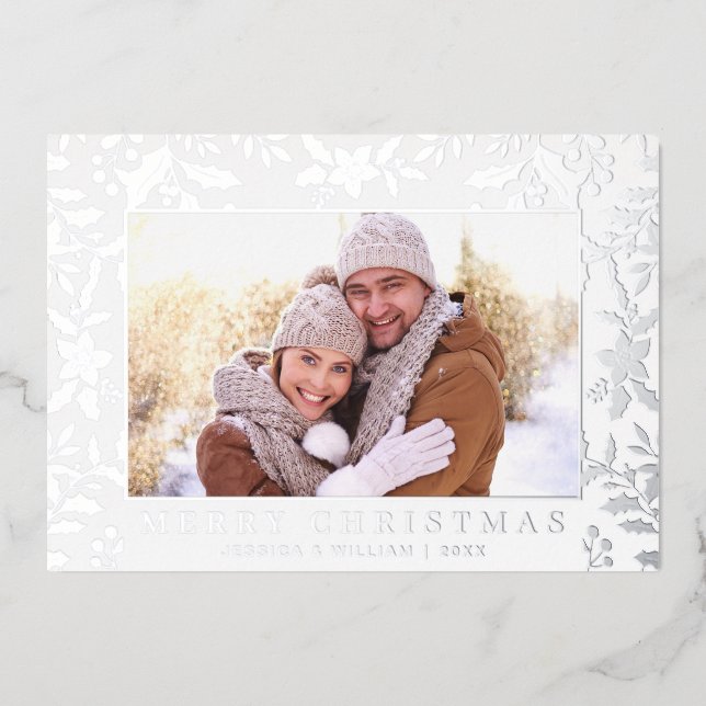 Carte De Vœux En Aluminium Élégant Noël Foliage Photo Argent (Recto)