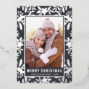 Carte De Vœux En Aluminium Élégant Noël Foliage Photo Argent