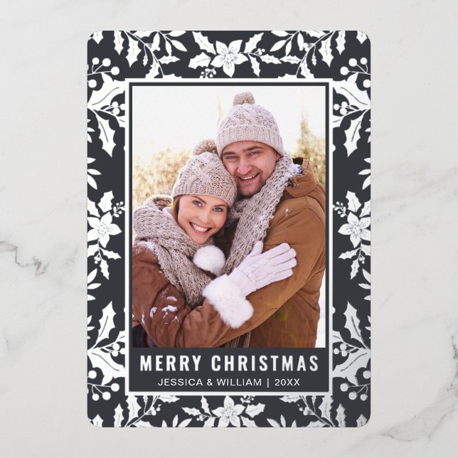 Carte De Vœux En Aluminium Élégant Noël Foliage Photo Argent (Recto)