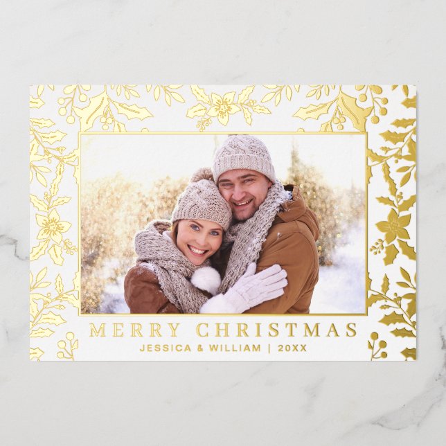 Carte De Vœux En Aluminium Élégant Noël Foliage Photo Or (Recto)