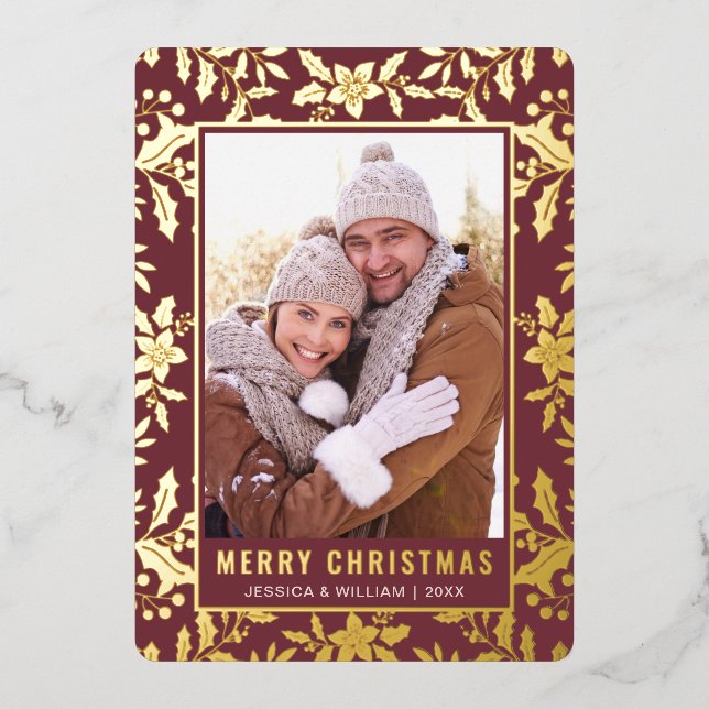 Carte De Vœux En Aluminium Élégant Noël Foliage Photo Or (Devant)