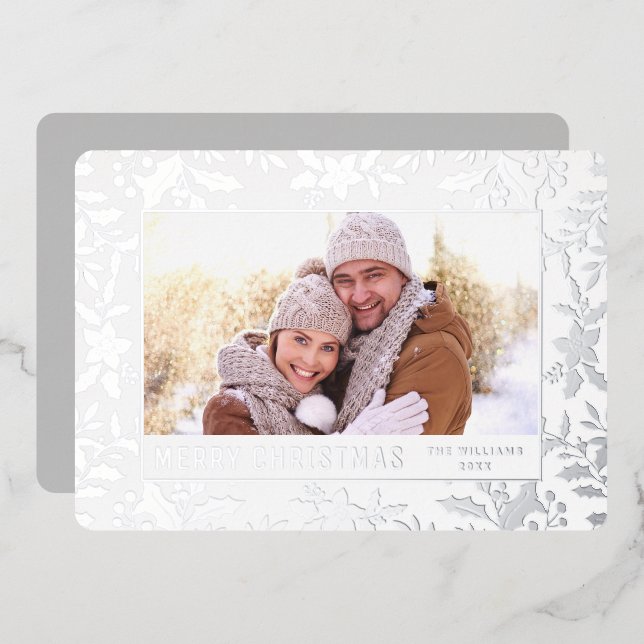 Carte De Vœux En Aluminium Elégant Noël Foliage Photo Rose Argent (Recto/Verso)