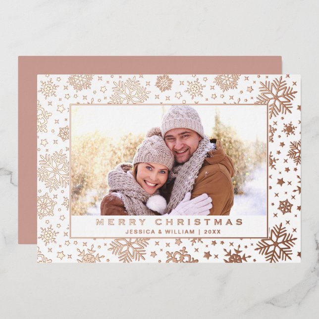 Carte De Vœux En Aluminium Élégant Noël Foliage Photo Rose Gold (Recto/Verso)