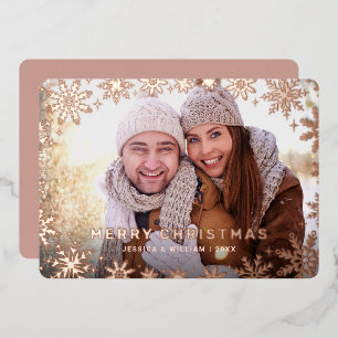 Carte De Vœux En Aluminium Élégant Noël Foliage Photo Rose Gold