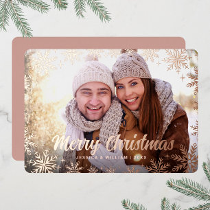 Carte De Vœux En Aluminium Élégant Noël Foliage Photo Rose Gold